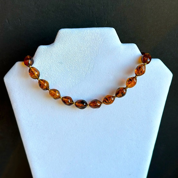 Crown Trifari Necklace Faux Tortoise Shell Amber Lucite Beads 15” Choker - Picture 3 of 7